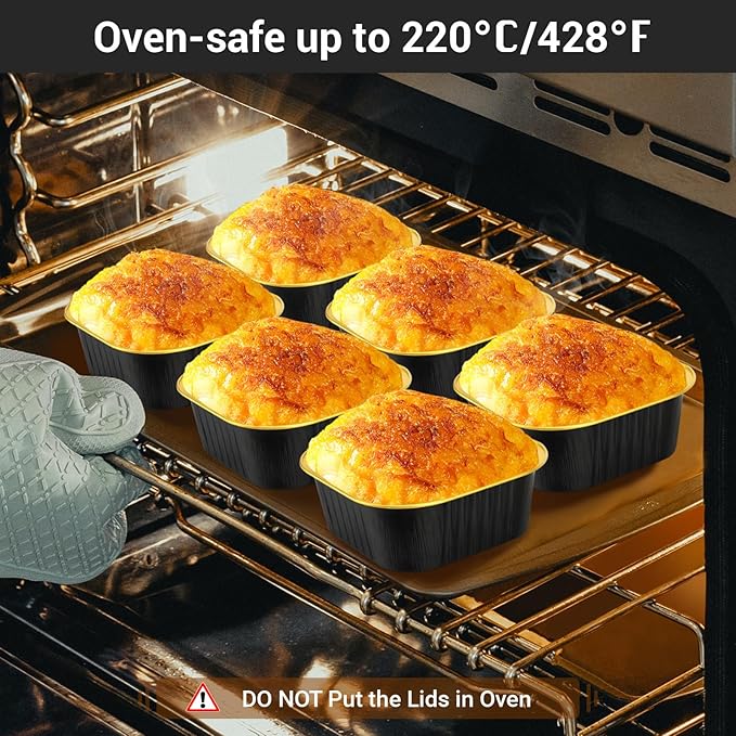 EUSOAR Disposable Ramekins with Lids, 10oz 100pcs Black Gold Aluminum Foil Baking Cups Tins Liners for Pie Quiche Soufflé Creme Brulee, Cake Pan Custard Cups Set for Gathering Dinner Wedding Banquets