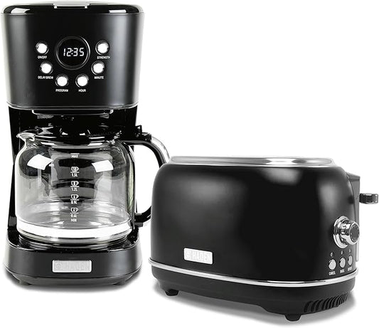 Haden 12 Cup Programmable Drip Coffee Maker Coffee Machine Bundled with Heritage 2 Slice Wide Slot Stainless Steel Toaster, Turquoise & Chrome