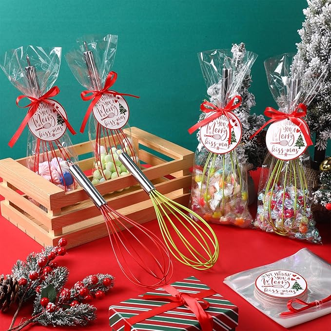 100 Sets 12 Inch Christmas Whisks Gifts DIYFillable Christmas Tree Ornaments Xmas Colored Silicone Whisks for Cooking Heat Resistant Egg Beaters with Card Rope Bag for Candy Holder
