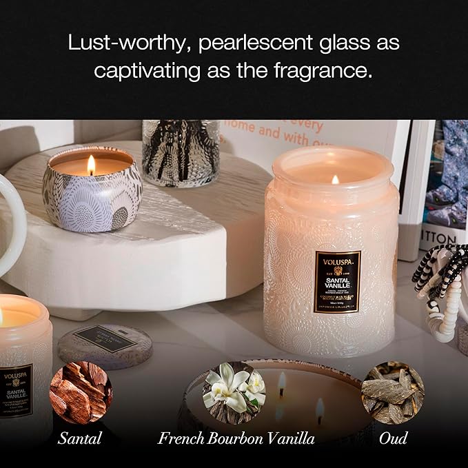 Voluspa Santal Vanille, Large Candle Jar, 18 oz, 100 Hour Burn Time, Coconut Wax for Clean Burning, Handcrafted in the USA
