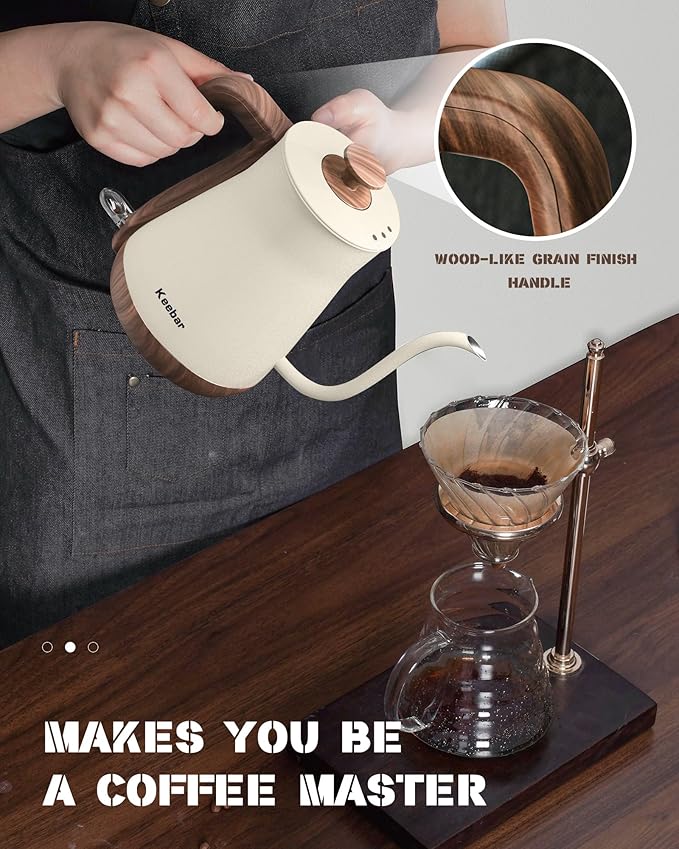 Gooseneck Electric Kettle, 1000W Electric Tea Kettle Stainless Steel, Pour Over kettle for Coffee, Wood-like Grain Finish Handle, Hot Water Kettle, Auto Shut Off, 0.8L, Beige