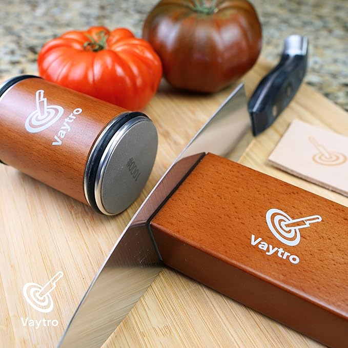 Rolling Knife Sharpener Kit – Manual Kitchen Knife Sharpening Stone System with #400 & #1000 Grit, Diamond Sharpening Tool, 15°/20° Guides & Leather Strop