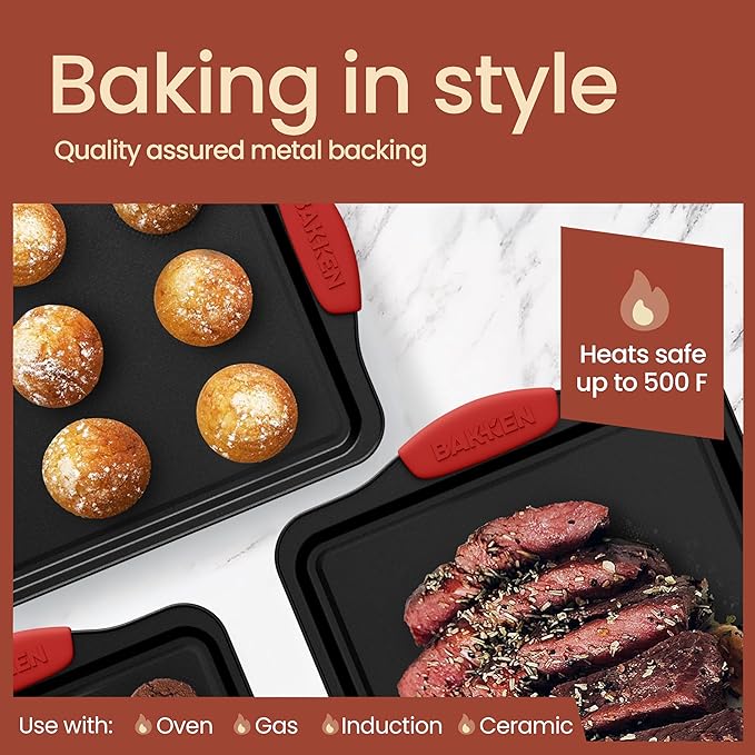 BAKKEN Kitchen Baking Pan Set - Nonstick Coating, Carbon Steel Bakeware Sets with Red Silicone Handles, Baking Kitchen Essentials, PFOA, PFOS, PTFE Free, Oven Safe Tray (Up To 450° F), Set of 18