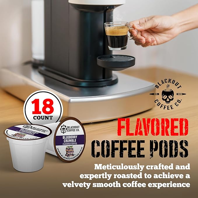 Blackout Coffee Blueberry Crumble Flavored Coffee Pods – Medium Roast, Smooth Taste, Guilt-Free Indulgence – Freshly Roasted 18 Count, American Made