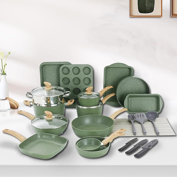 30 Piece Pots and Pans Set Non Stick, Granite Induction Cookware Sets, Nonstick Kitchen Cookware Sets, Non Toxic Cookware Set with Frying Pans and Saucepan, Kitchen Pots and Pans Set, Black