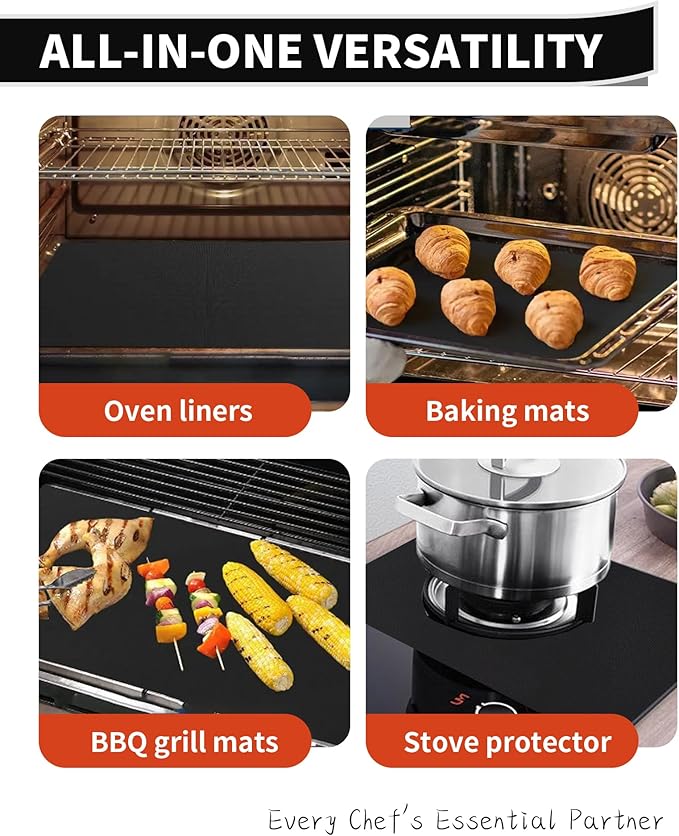5 Pack Oven Liners for Bottom of Oven, 17x25" Large Heavy Duty Non-Stick Reusable Oven Mat for Electric, Gas, Toaster & Convection Ovens - BPA & PFOA Free, Dishwasher Safe, Kitchen Essentials, Black