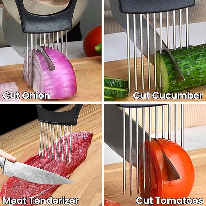 6 Pack Onion Slicer, Tomato Slicer Vegetable Cutter Onion Holder for Slicing, Stainless Steel Kitchen Chopper Slicing Assistant Tool for Potato Lemon Cucumber Avocados Fruits Eggs Meat