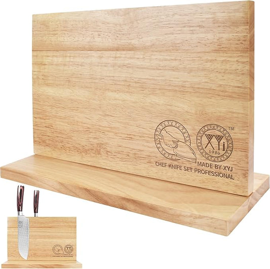 XYJ Authentic Since 1986, Magnetic Knife Block, Double Side Kitchen Knife Holder, Natural Wood, Knife Cutlery Display Stand, Organizer Storage Rack for Home Kitchen
