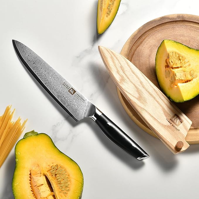 Klaus Meyer Luxor 8 Inch Chef Knife, Damascus Kitchen Knife, VG10 High Carbon Stainless Steel Japanese Chefs Knife with Wood Sheath