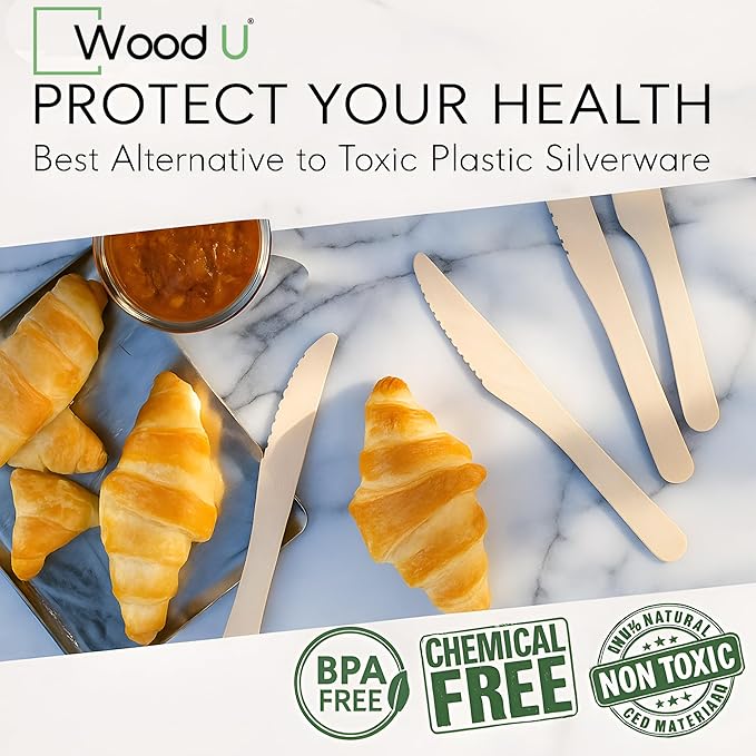 WoodU Disposable Wooden Knives 100% All-Natural, Eco-Friendly, Biodegradable, and Compostable - Pack of 200-6.5" Knife
