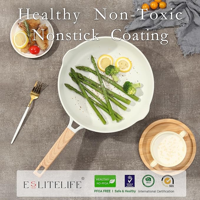 ESLITE LIFE Nonstick Ceramic Frying Pan Skillet with Lid, Non-Toxic Egg Omelette Kitchen Cooking Pans Compatible with All Stovetops (Gas, Electric & Induction), PTFE & PFOA Free (White, 9.5" w/Lid)