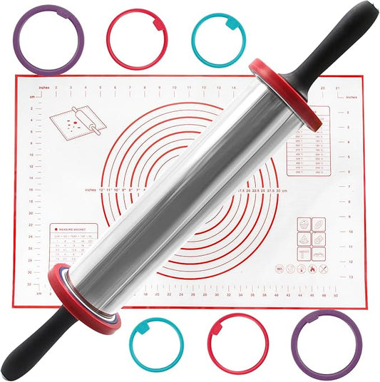 SHIKORI Rolling Pin,Adjustable Rolling Pin with Thickness Rings, Stainless Steel Dough Roller Baking Supplies for Pizza Pastry Fondant Pie Pasta-Red