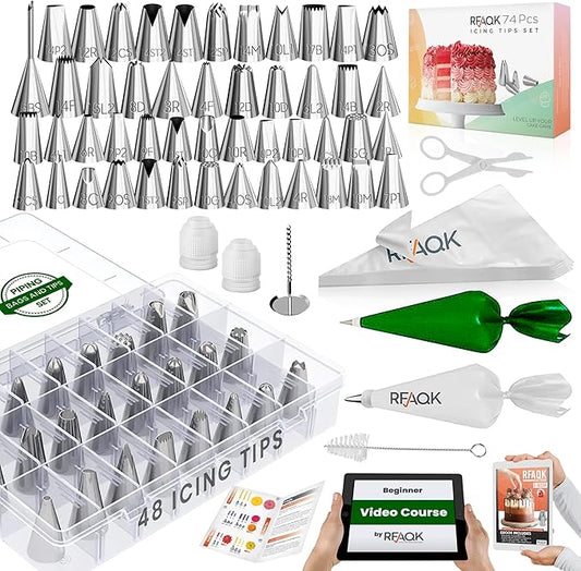 RFAQK 74 PCs Icing Piping Bags and Tips Set, Cake Decorating Kit with 48-Numbered Piping Tips, 20+1 Pastry Bags for Cookie Cupcake Cake Decoration, with Booklet and E-book (Green)