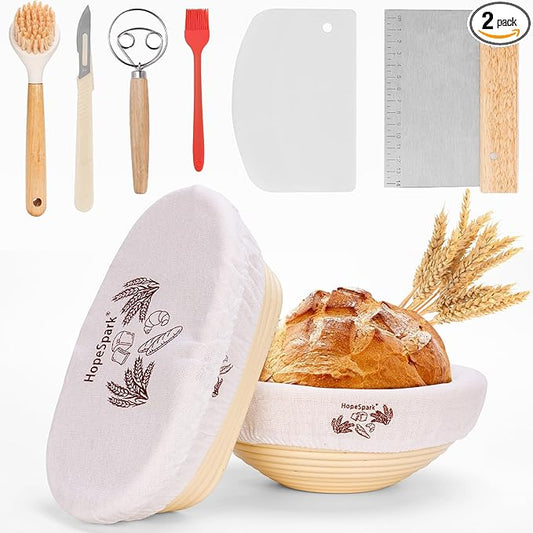 Sourdough Bread Proofing Basket Kit, 9" Round and 10" Oval Banneton Basket with Liners & Covers, Bread Baking Supplies with Bread Lame, Dough Whisk, Brush, Bowl Scraper