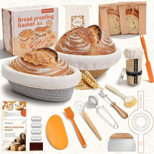 Complete Sourdough Starter Kit With Woven Proofing Basket, Sour dough Starter jar, Sourdough Bread Baking Supplies, Bread Making Kit,Perfect for Beginners & Gift