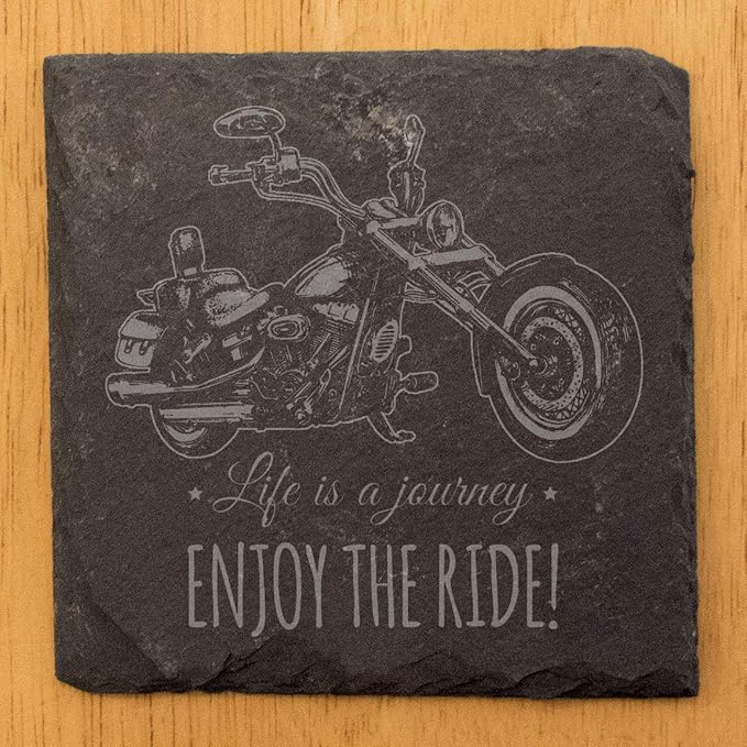 Coast in Style: Rustic Slate Coasters with Motorcycle Design - Square Slate - Set of 5