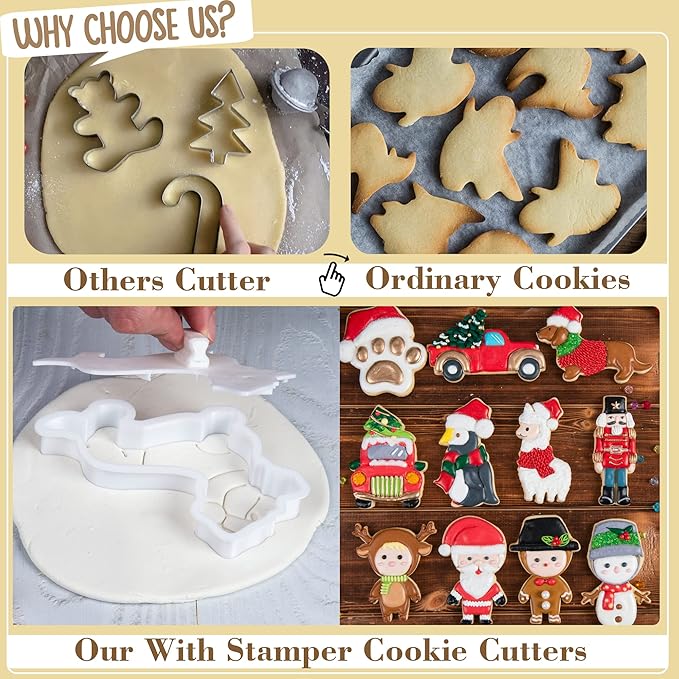 Flycalf Christmas Cookie Cutters Dachshund Shapes with 3D Stamper Fall Holiday PLA Baking Accessories Cutter Molds Gifts for Kids Decorative Party 3.5" Kitchen Cake Supplies