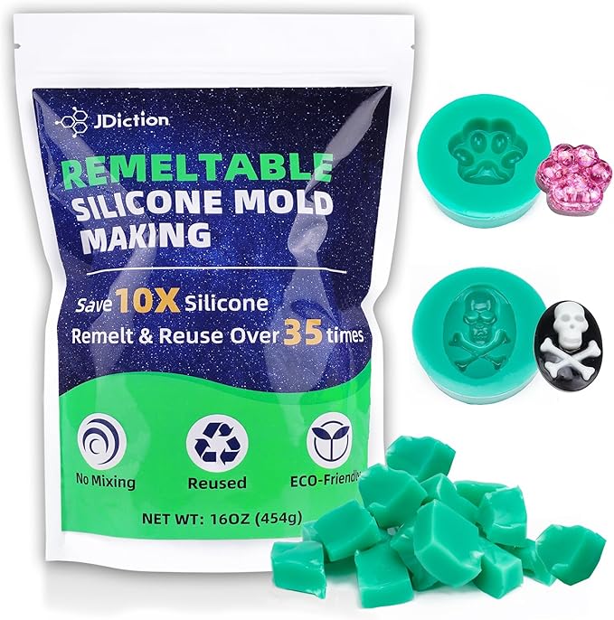 JDiction Remeltable Silicone Mold Making Kit, 35X Reusable Silicone for Mold Making, No Mix, Non-Toxic, Odorless Silicone Rubber for Resin, Epoxy, Plaster, Soap, Candle Mold, Small Crafts-16oz