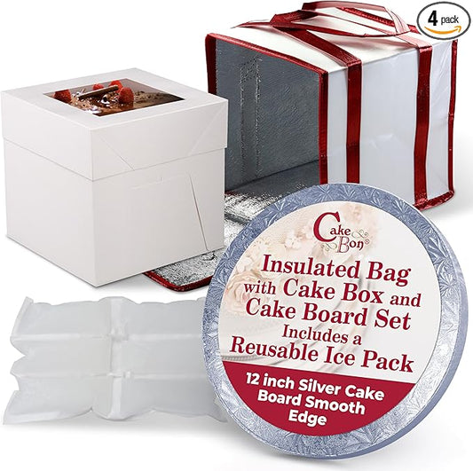 Cakebon Cake Box and Boards, 12-Inch Round Silver Smooth Edges 1/2- Inch Thick Drums with Insulated Bag and Ice Pack – Cake Transport Set, Cooler for Cake Delivery and Transport (1pc Each, 4pcs Total)