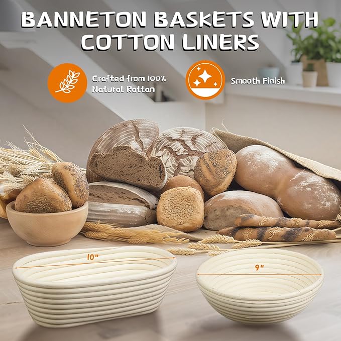 Banneton Bread Proofing Basket - Banneton Basket Set Sourdough Proofing Basket Round Proofing Bowls Handmade Rattan Baskets and Liners (Oval & Round Gift Set)