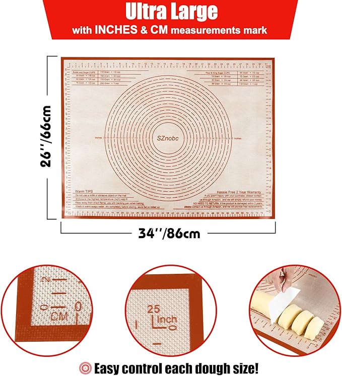Extra Large Silicone Pastry Mat 34x26 Inch - Nonstick Baking Mats with Measurements, Great for Dough Rolling, Pastry, Pie Crust, Fondant, Cookies, Bread, Pasta, Pizza, Counter Mat