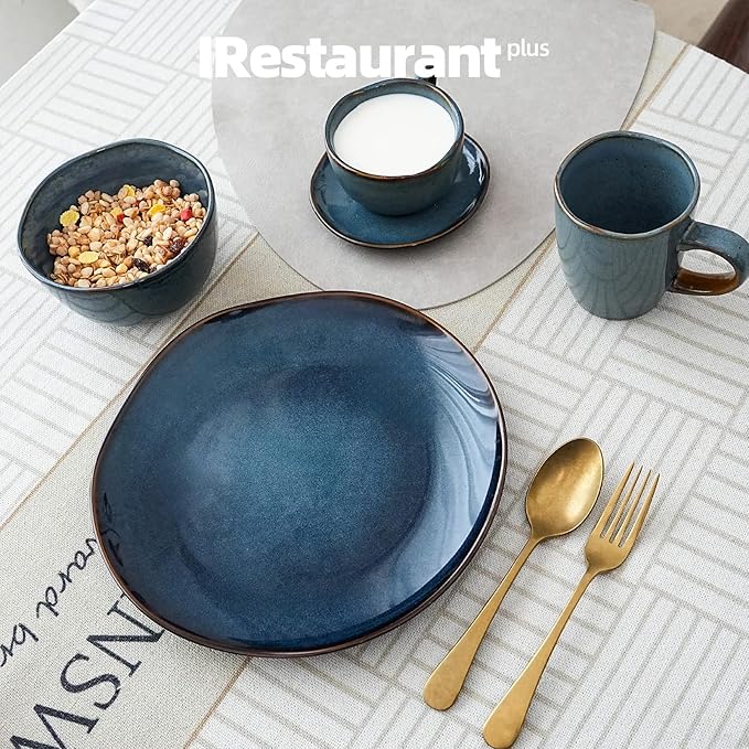 Organic Shape Restaurant Dinner Plates 10.5", Commerical Grade Catering Stoneware Plates in Ir-regular Organic Shape, Chip & Scratch Resistant, Glossy Reactive Glaze Blue, Case of 12
