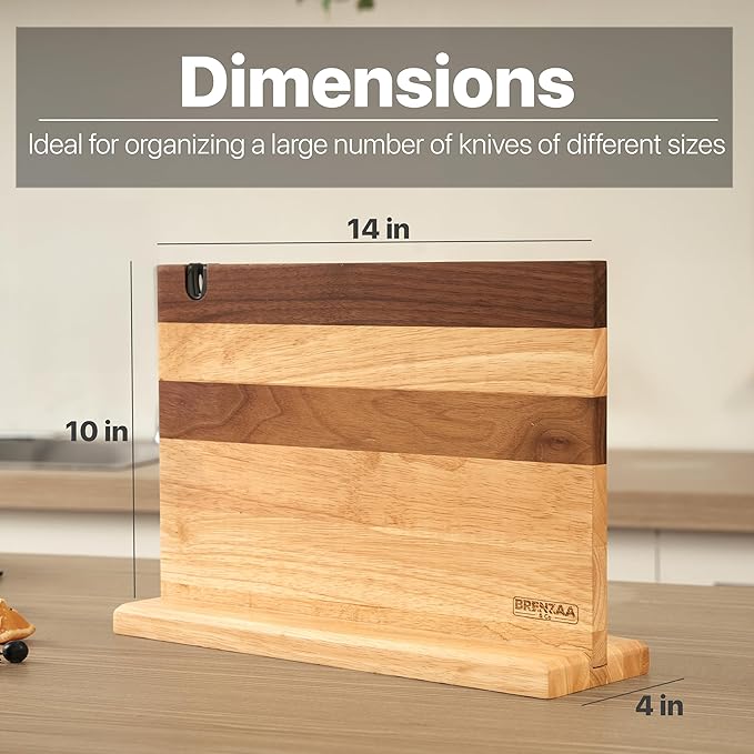 BRENZAA Magnetic Knife Block, Thick Wood Kitchen Knife Holder Stand with Strong Magnets, Multifunctional Double Side Knife Storage Organizer for Kitchen