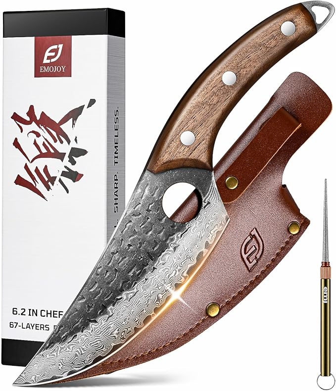 Emojoy Damascus Chef Knife, 67-Layer Damascus Steel Kitchen Knife with Black Hammered Finish, Japanese Knives for Home, Outdoor Cooking, BBQ, Include Gift Box, 6.3 Inch