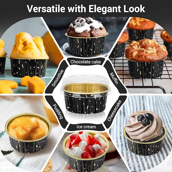 EUSOAR Foil Ramekins with Lids, Black 25Packs 5oz Disposable Baking Cups Foil Liner Cupcake Container, Dessert Cheesecake Pan Creme Brulee Cupcake Containers for Catering Gathering Club Wedding Party