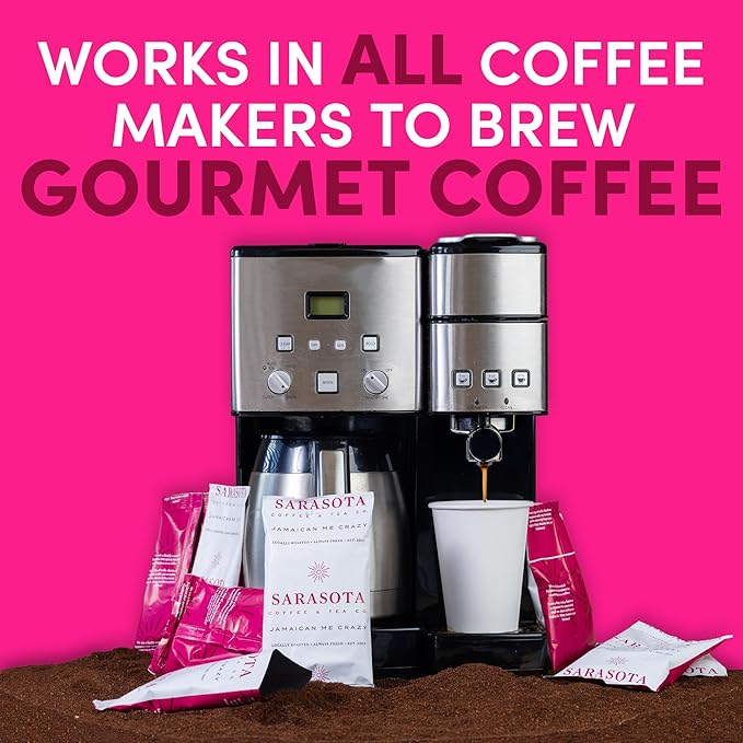 Sarasota Coffee Packs Bulk Ground Packets | Jamaican Me Crazy Flavored | Gourmet Assorted Gift Sampler | Low Acid Mold Free Individual Pouches for 12 Cup Coffee Maker | 1.75 Oz Bags, 100 Count