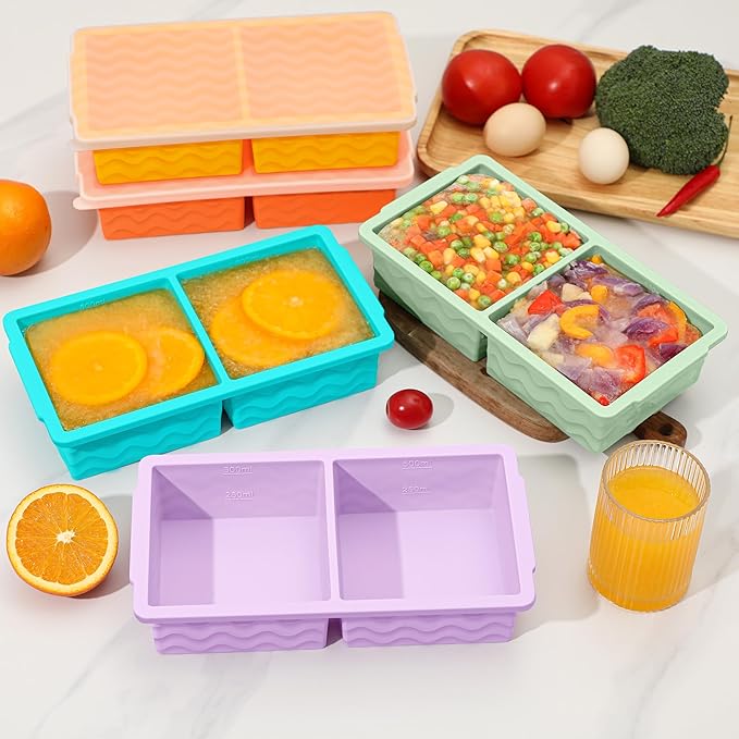 4-Pack Silicone Freezer Trays with Lid,2*【2 Large 2-Cup(500ml)&6 Small 1/2-Cup(125ml)】Soup Freezer Container Molds,Ice Cube Tray For Meal Prep&Freezing Soup,Stews,Sauces,Oven&Dishwasher-Safe