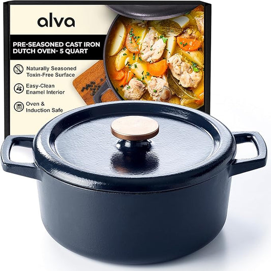 Alva Nori 5-Qt Enameled Cast Iron Round Dutch Oven – Made With No PTFE/PFOA/PFAS, Oven & Induction Safe – 3-Layer Enamel, No Seasoning Needed – Durable, Easy-Clean Cookware for Healthy Cooking, Black