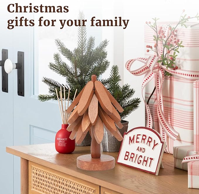 Tree Shape Wooden Trivets for Hot Dishes, 4 Wooden Trivets + 1 Stand stored Like a Christmas Tree，for Easy Storage，Multifunctional Ornaments (Walnut Brown)