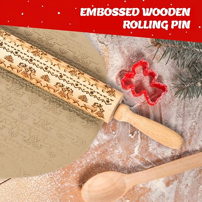 Christmas Gifts Wooden Embossed Rolling Pin for Baking, Deep Engraved Embossing Rolling Pins Cookie Stamps Roller with Christmas Elk Deer Pattern Designs for Baking Cookies Stamps Roller, DIY Tools