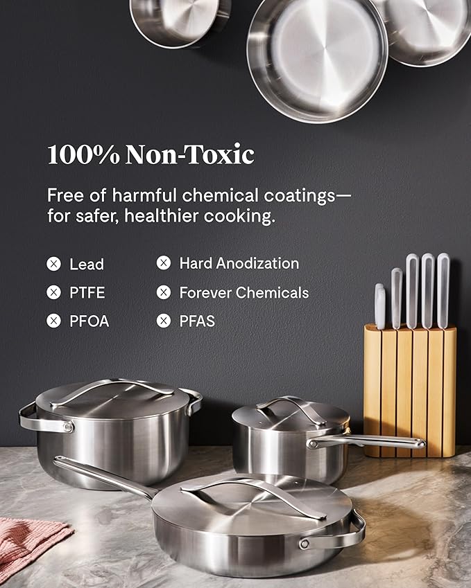 Caraway Stainless Steel Dutch Oven (6.5 Qt) - 5-Ply Stainless Steel - Oven Safe & Stovetop Agnostic - Non Toxic, PTFE & PFOA Free