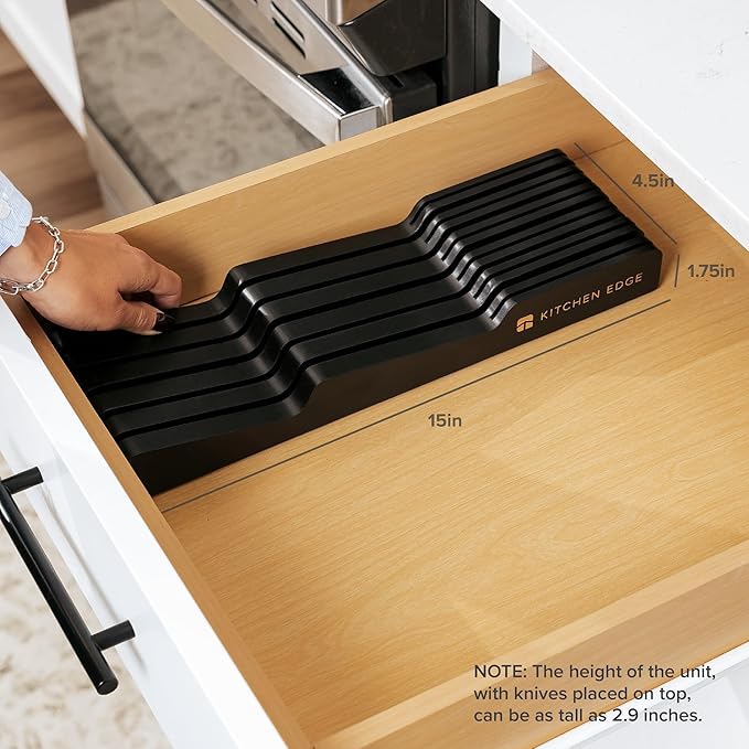 KitchenEdge Black Knife Drawer Organizer Insert - Knife Block Holder, Holds 5 Long + 6 Short Knives (Not Included), Fits Most Sizes, Non-Slip Feet, 100% Sustainable Bamboo, Food-Safe Black Finish