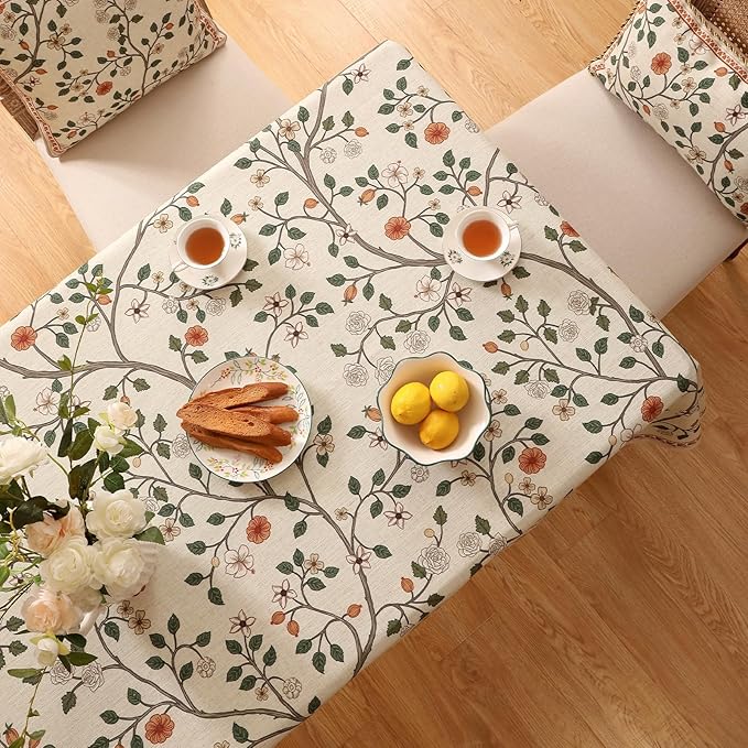 ISAENNE Designer Floral Small Rectangle Tablecloth,French Linen Light Beige Indoor Table Cloth,Fall Wrinkle Resistant Decor Tablecloths for Dining Thanksgiving Kitchen,55"*71"-Flora A