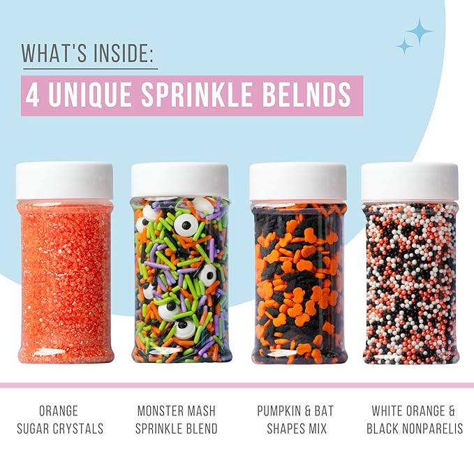 Sweets Indeed Halloween Sprinkles 4-Pack – 11.57 oz Jar Set | Candy Eyeball Mix, Bat & Pumpkin Quin Mix, Orange Sanding Sugar & Black/White/Orange Nonpareils | Cupcake & Cookie Decorations