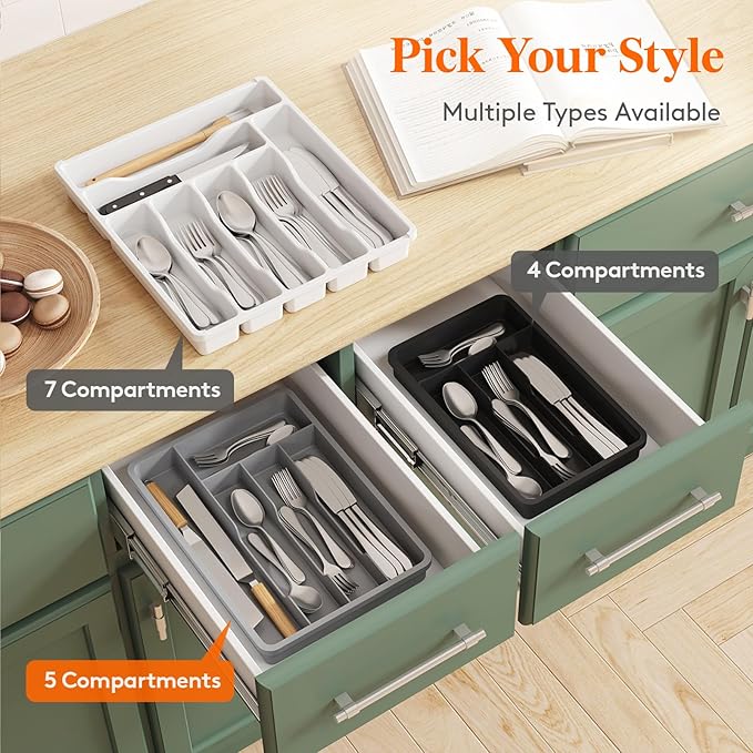 Lifewit Silverware Tray, Deep Wide Cutlery Drawer Organizer Storage for Kitchen, Plastic Flatware Utensil Holder Divider for Spoons Forks Knives Tableware, 5 Compartment, Gray