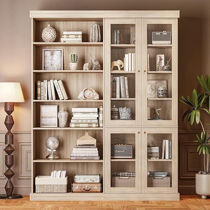 70.8" Tall Farmhouse Bookshelf with Glass Doors, Modular Bookcase with 6-Tier Adjustable Shelves, Large Storage Cabinet for Kitchen, Living Room, Brown, Set of 3