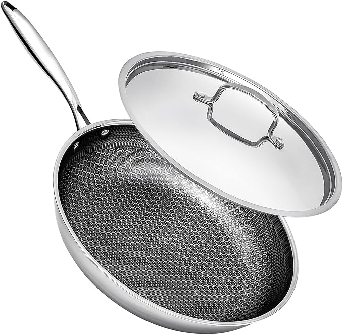 Non Stick Frying Pans with Lids, 10 Inch Fry Pan, Hybrid Large Frying Pan with Lid, Nonstick Skillet Stainless Steel, Dishwasher & Oven-Safe, Induction Compatible Cooking Pan