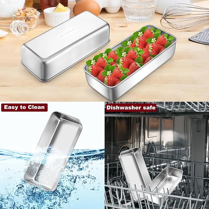 LIANYU 4 Pack 12 x 5 Inch Stainless Steel Loaf Pans, Large Bread Baking Pans Set for Lasagna, Meat, Cake, Brownies, Ice Cream, Healthy & Durable, Dishwasher & Freezer Safe