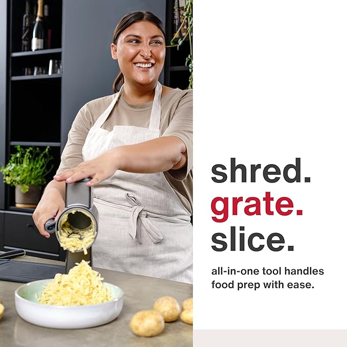Zyliss Rotary Cheese Grater, Aluminium, 3 Steel Drum Blades, Cheese, Vegetable, Chocolate, Nut, Fruit Grater with Handle, Non-Slip Suction Foot and Table Clamp, 5 Year Guarantee