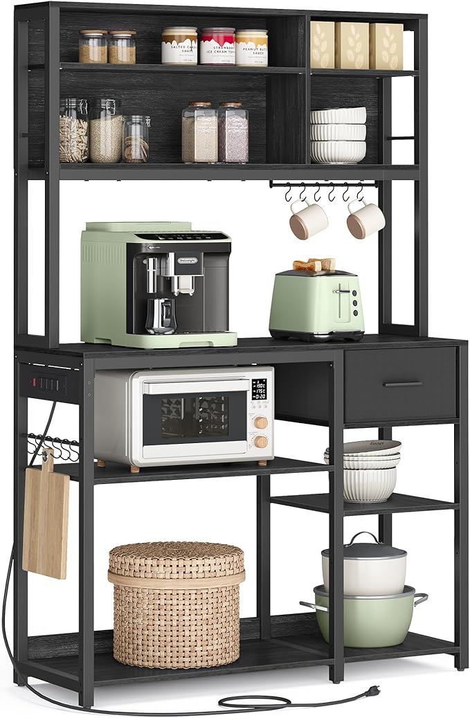 VASAGLE Bakers Rack with Charging Station, Coffee Bar with Adjustable Storage Shelves, Fabric Drawer, 12 Hooks, 15.7 x 39.4 x 71 Inches, Kitchen Microwave Stand, Charcoal Gray and Ink Black UKKS027B01