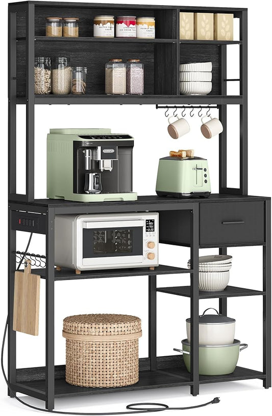VASAGLE Bakers Rack with Charging Station, Coffee Bar with Adjustable Storage Shelves, Fabric Drawer, 12 Hooks, 15.7 x 39.4 x 71 Inches, Kitchen Microwave Stand, Charcoal Gray and Ink Black UKKS027B01