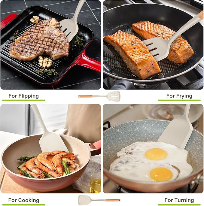 Pack of 2 Silicone Spatula Set with Elegant Wooden Handle, Heat Resistant Solid & Slotted Turner for Non Stick Pans, Great Kitchen Spatulas, Cooking Utensils for Sautéing, Frying and Flipping