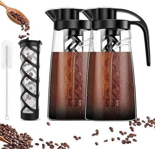 Cold Brew Coffee Maker, 70 oz (2100 ml) BPA Free Tritan Pitcher, Iced Coffee Maker and Tea Brewer, 100% Leak-Proof, Easy to Clean Reusable Mesh Filter, Black (2 Pack)