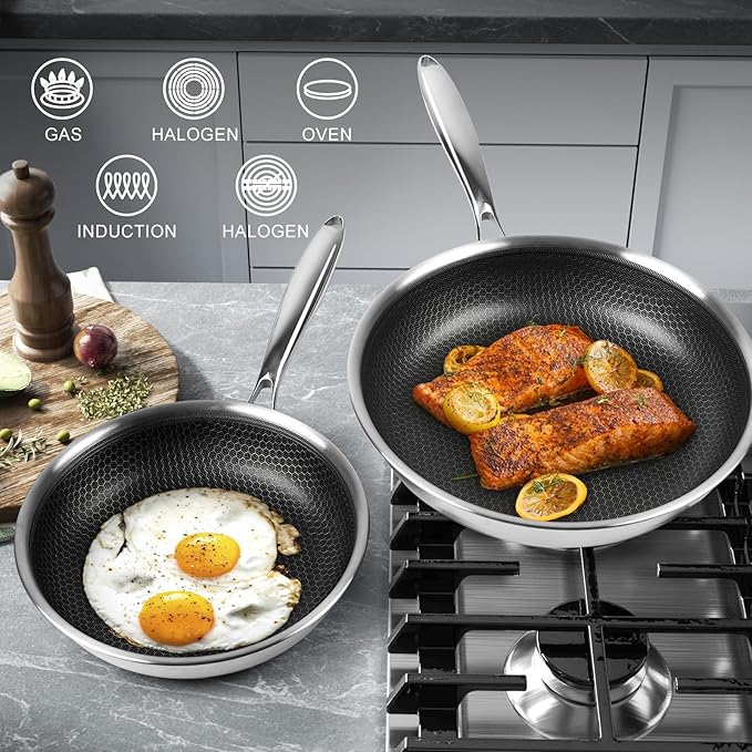 Innerwell 12 inch Tri-Ply Stainless Steel Frying Pan With Lid Large Nonstick Honeycomb Coatings Skillet for Eggs & Omelettes Non Toxic Healthy Omelette Pan Compatible W/All Cooktops