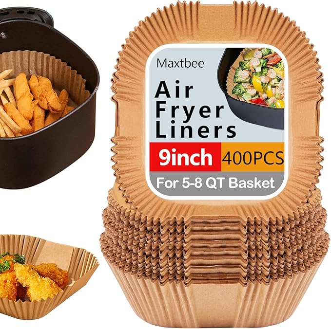 9 Inch Air Fryer Liners Disposable, 400Pcs Air Fryer Paper Liners, Oil-Proof & High-Temperature Resistant Parchment Baking Paper for Air Fryer, Microwave and Oven（Bottom Is 9 Inch）