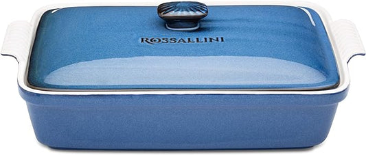 Stoneware Casserole Dish Bakeware Set with Lid, Covered Rectangular Dinnerware, Large 3.2 Quart, 11 by 9 Inch, Blu Indaco [Reactive Blue]